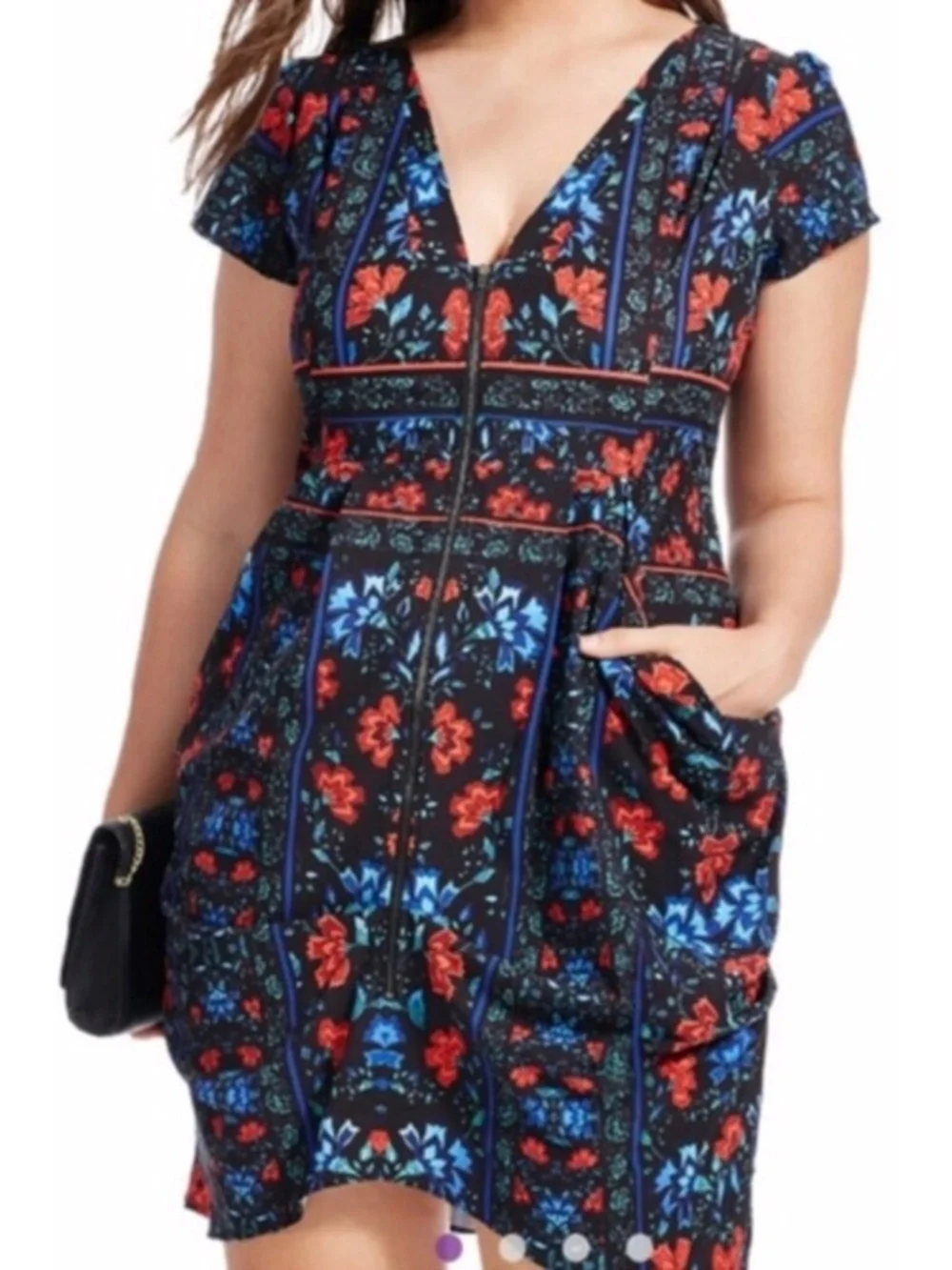 City Chic Folk Dance Print Zip Front Pleat Tunic Dress 16/Small
